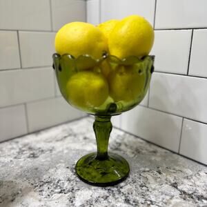 Vintage Green Glass Compote: Mid-Century Scalloped Candy Dish Centerpiece